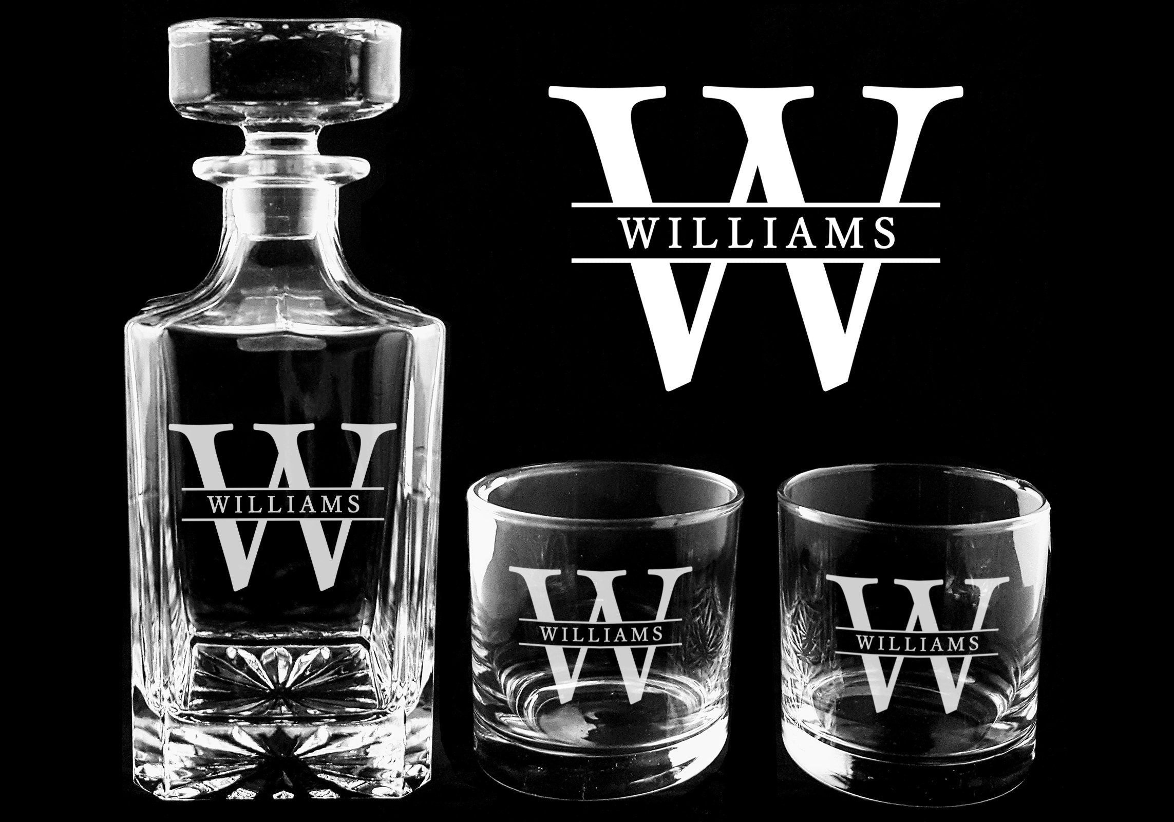 Split Letter Monogram Whiskey Decanter Set